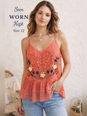 Seen Worn Kept Embroidered Boho Cami Top Coral Floral Festival Size 12